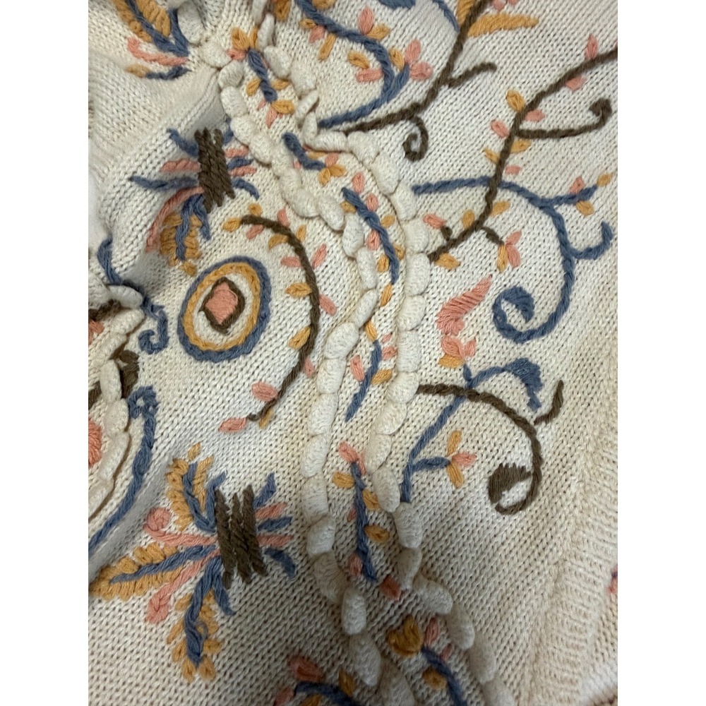 Vintage Kitty Hawk Floral Embroidered Cardigan Sweater Cream V-Neck Large - Picture 4 of 9